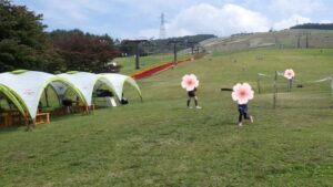 ひるがのピクニックガーデンの芝生広場で遊ぶ子供たちと、日よけテントの様子