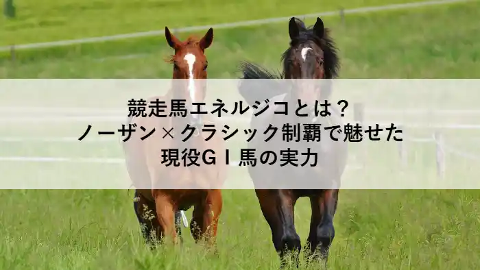 草原を走る2頭の馬の写真と「競走馬エネルジコとは？ノーザン×クラシック制覇で魅せた現役GⅠ馬の実力」というタイトル文字