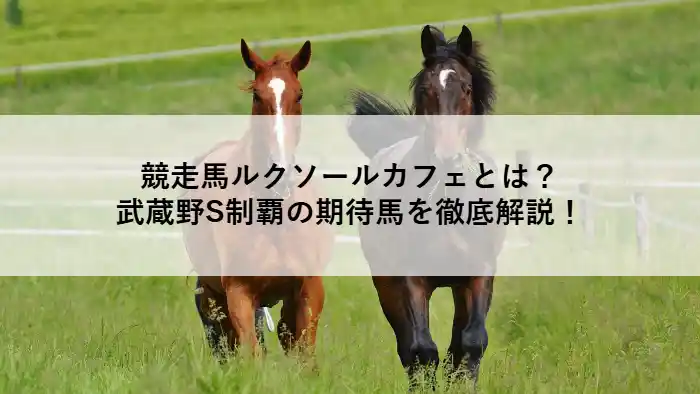 競走馬ルクソールカフェと仲間の馬が草原を駆ける様子。武蔵野ステークス勝利を紹介する記事のアイキャッチ画像。
