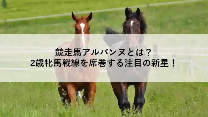芝生の上を並んで走る2頭の競走馬、2歳牝馬アルバンヌの特集記事用アイキャッチ画像