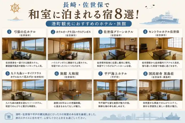 長崎・佐世保で和室に泊まれる宿8選を紹介する、港町と畳の和室を組み合わせた横長アイキャッチ画像