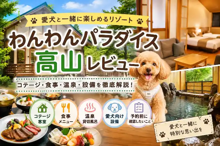 わんわんパラダイス高山のレビュー記事アイキャッチ。コテージ、食事、温泉、愛犬向け設備を紹介